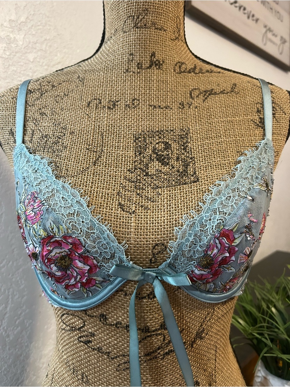 Victoria's Secret Light Blue Floral Lace Push-Up Bra with Pink Floral Embroidery